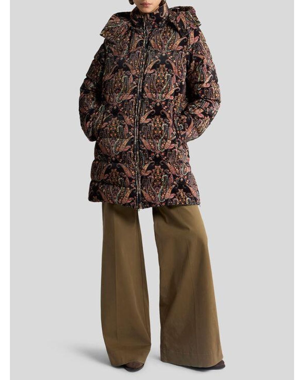 Etro Brown Velvet Down Jacket With Floral Paisley Motif