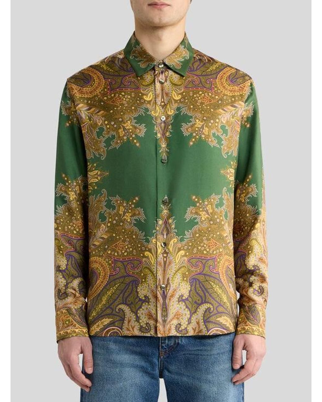 Etro Green Silk Twill Shirt With Placed Paisley Pochette Print for men