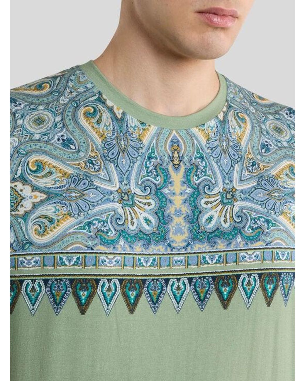 Etro Green Cotton T-Shirt With Placed Pocket-Square Paisley Print for men