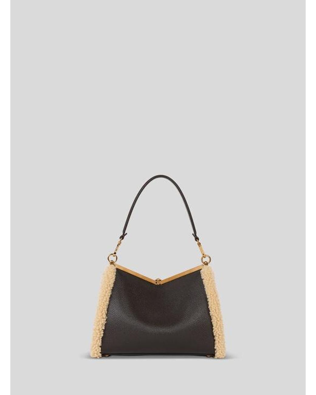 Etro Black Medium Leather Vela Bag With Shearling Details