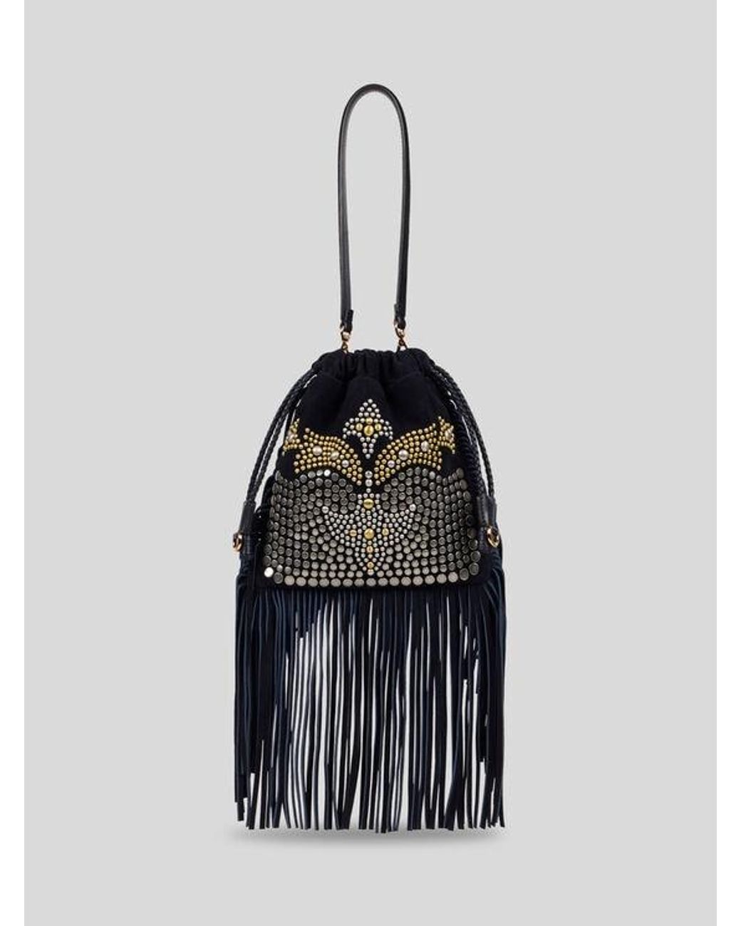 Etro Black Small Suede Kalispera Bag With Studs And Fringes