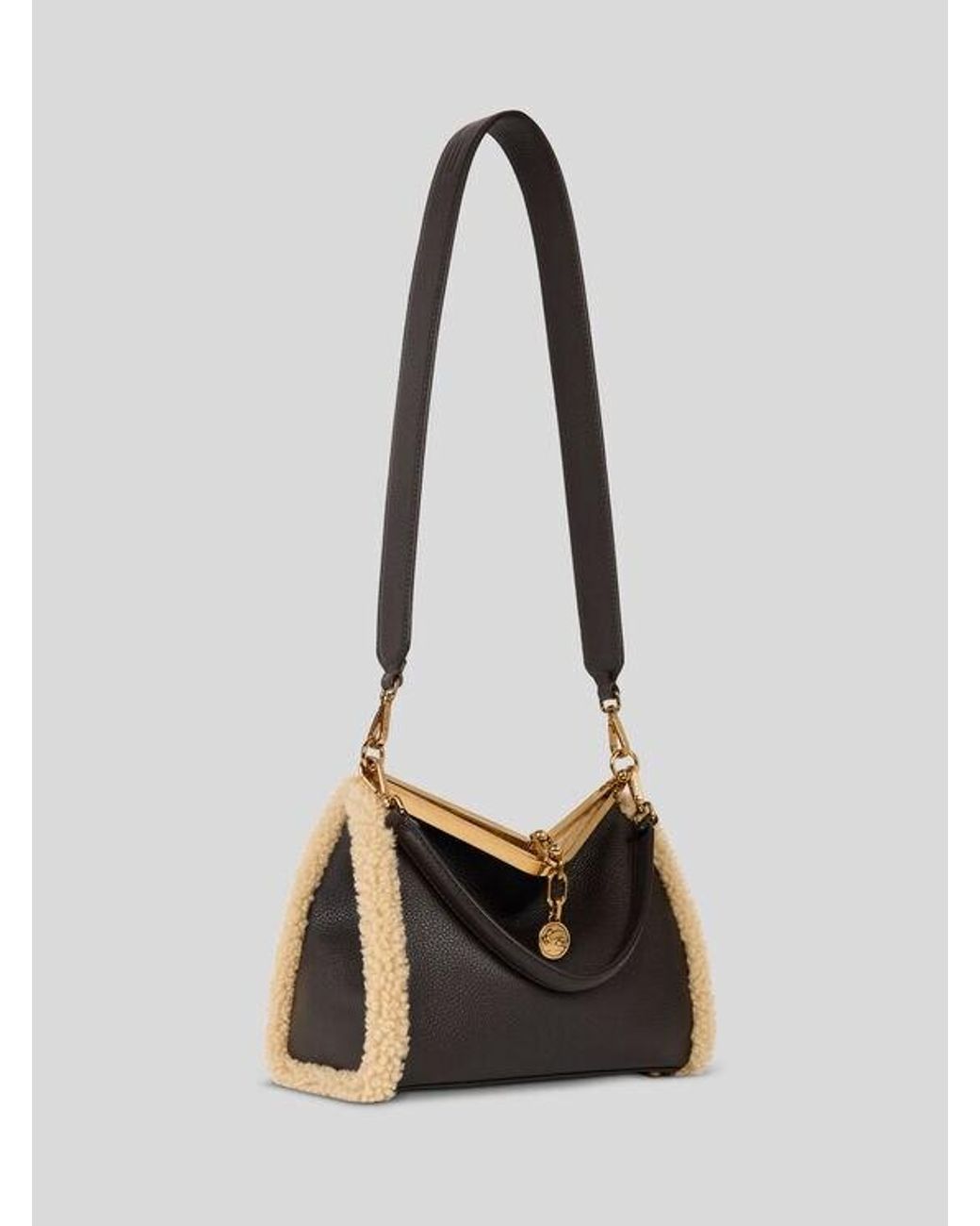 Etro Black Medium Leather Vela Bag With Shearling Details