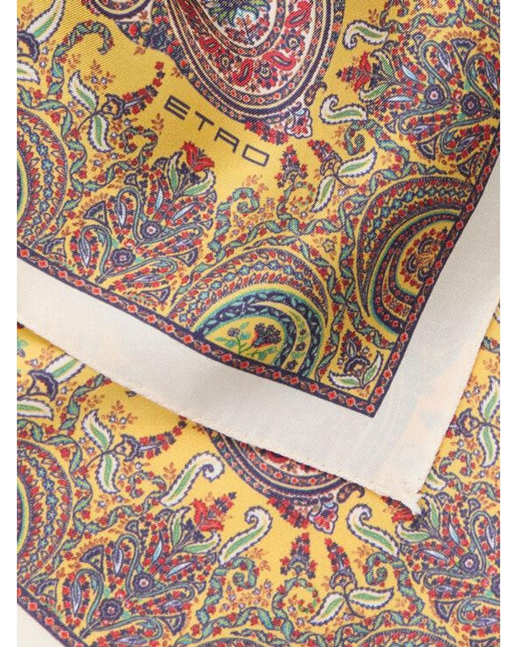 Etro Yellow Silk Pocket Square With Macro Paisleys for men