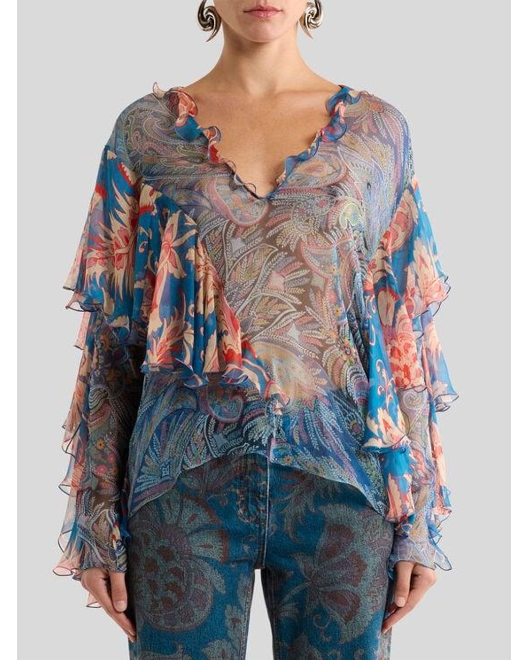 Etro Blue Long-Sleeved Silk Blouse With Ruffles And Floral Motif