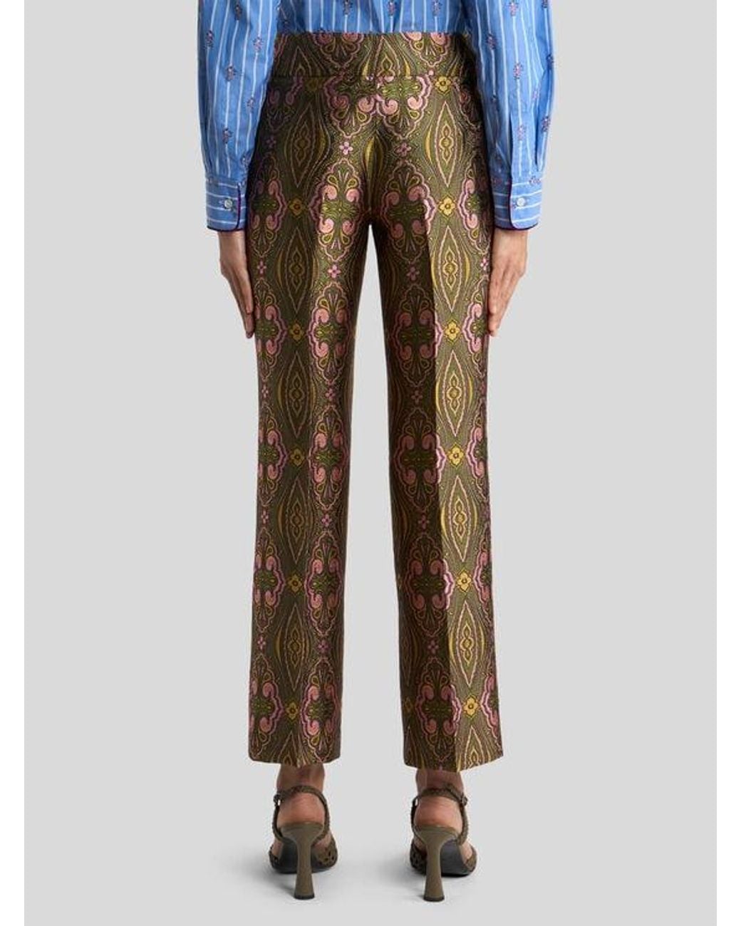 Etro Natural Jacquard Trousers With Floral Medallion Motif