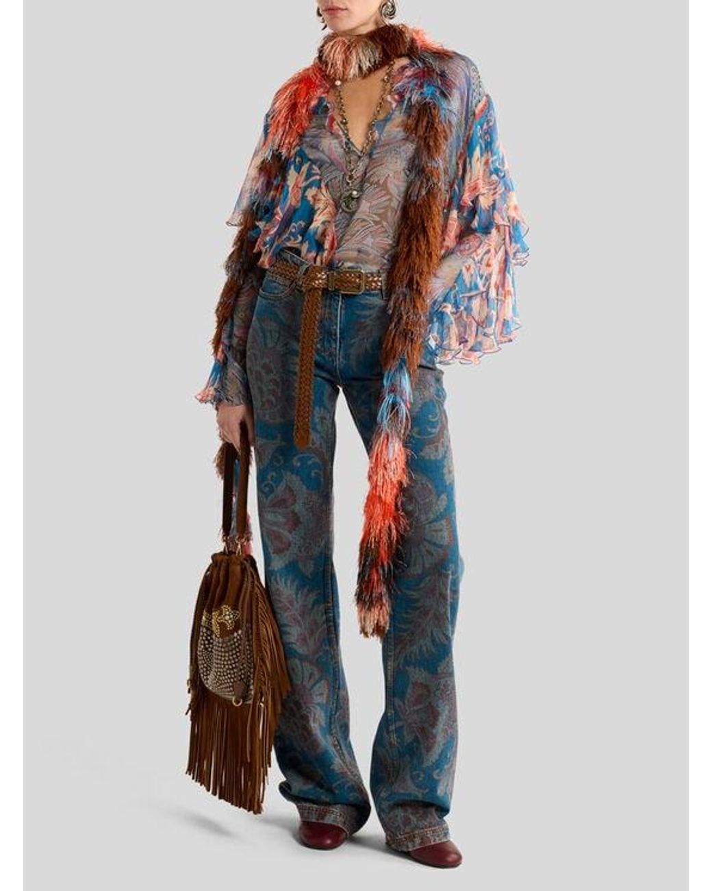 Etro Blue Long-Sleeved Silk Blouse With Ruffles And Floral Motif
