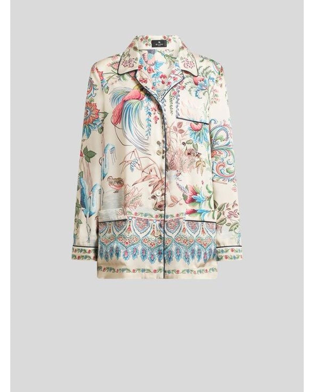Etro White Twill Shirt With Placed Flora And Fauna Print