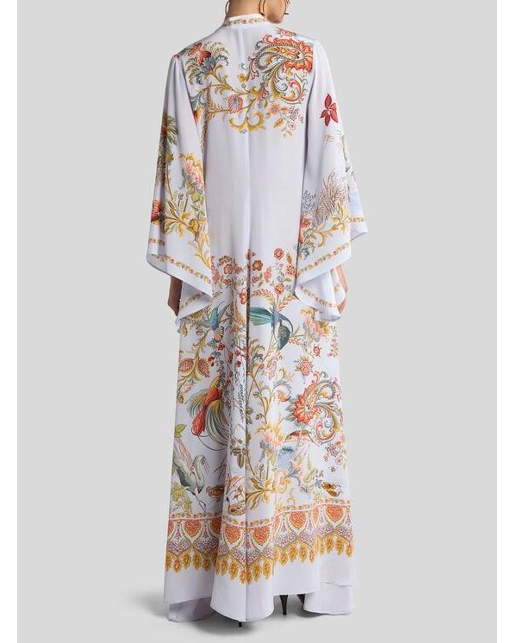 Etro White Long Silk Dress With Silk Scarf And Placed Flora And Fauna Print