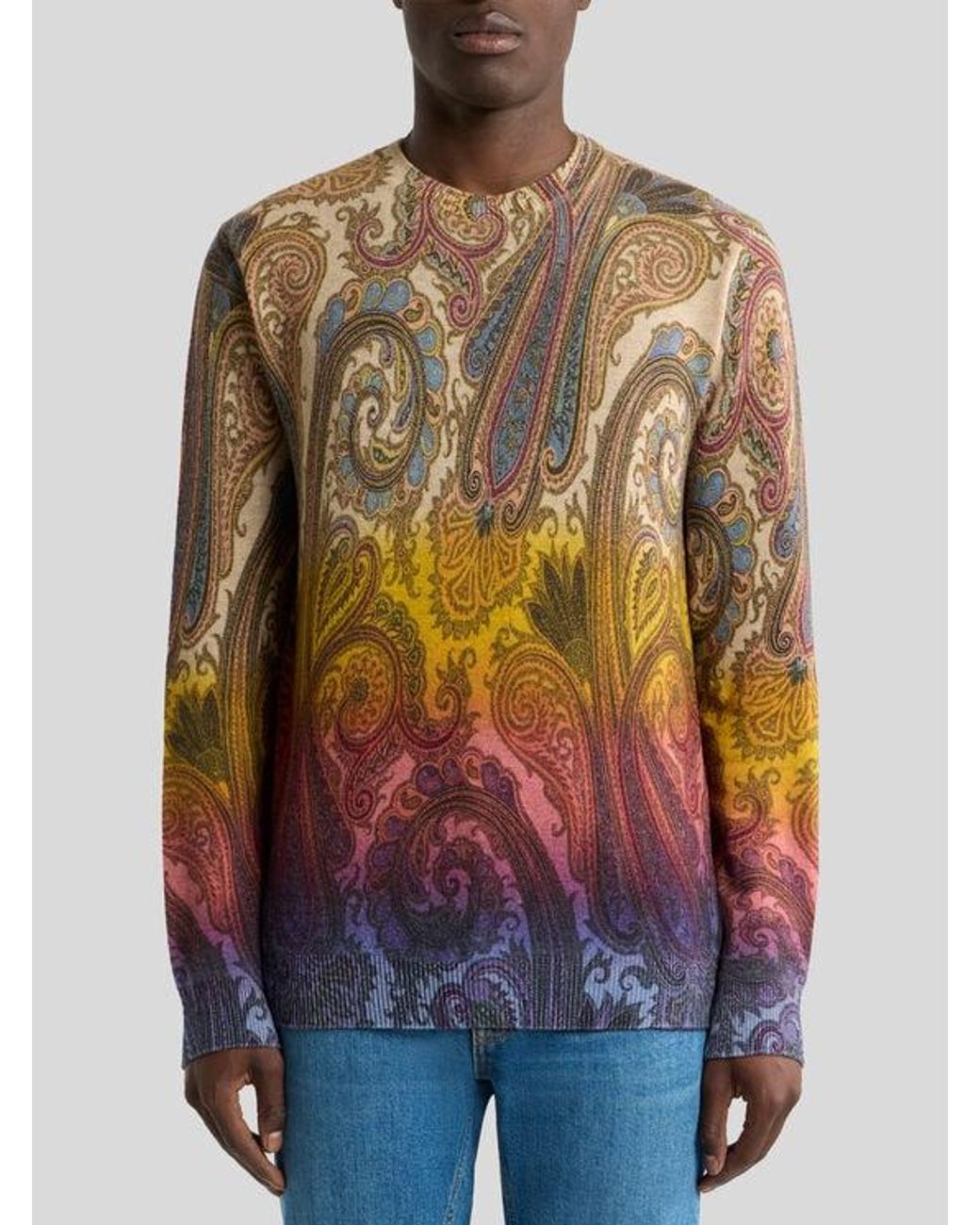 Etro White Wool Sweater With Degradé Paisley Motif for men