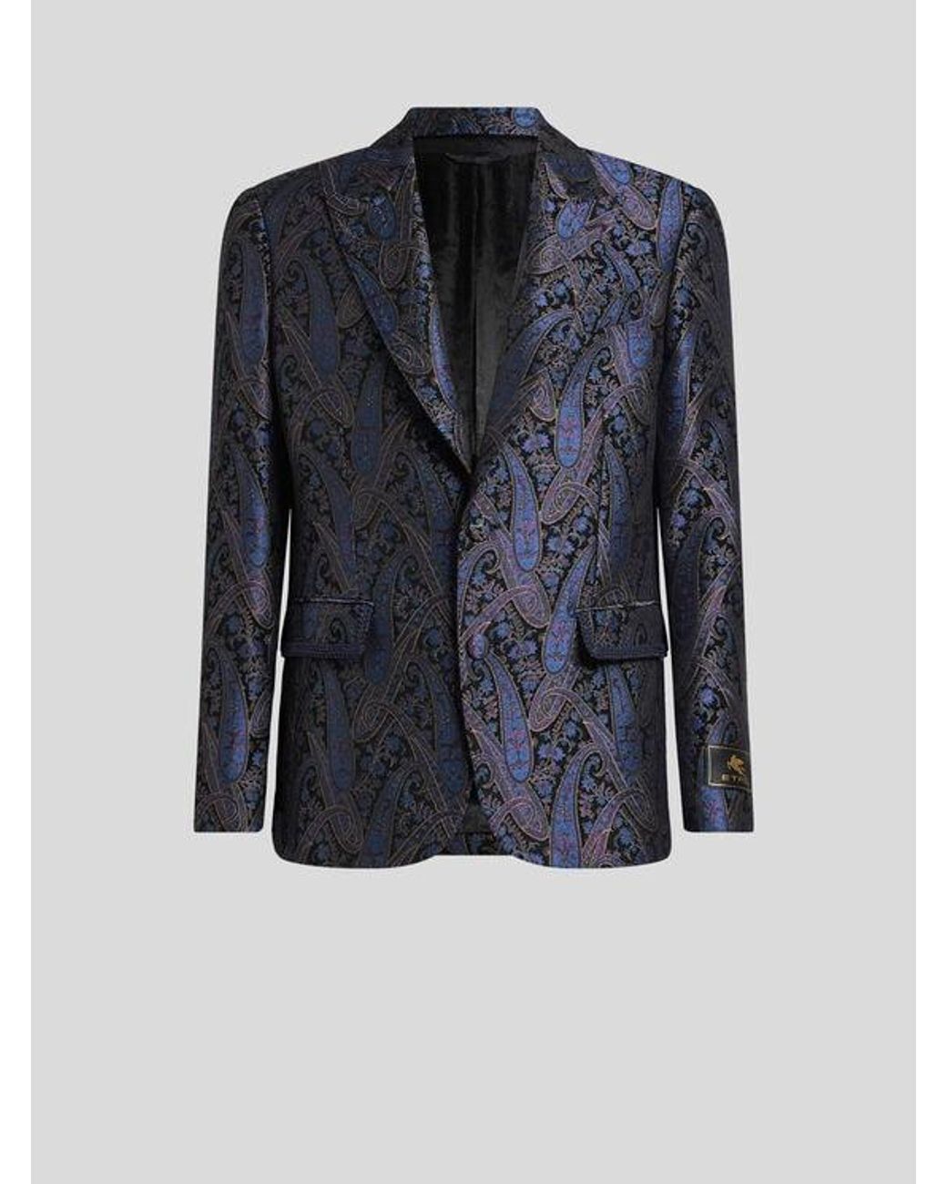 Etro Blue Chenille Jacquard Single-Breasted Jacket With Metallic Paisley Motif for men