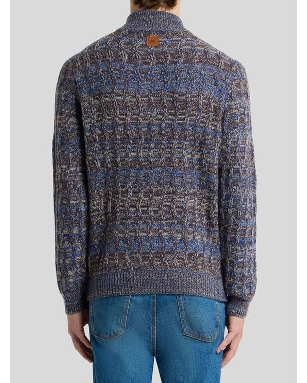 Etro Blue Cable-Knit Cashmere Sweater With Zip for men