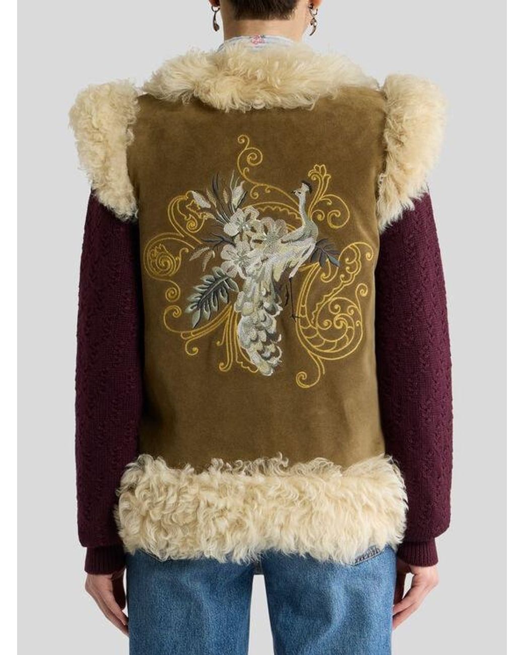Etro Natural Shearling Waistcoat With Peacock Embroidery