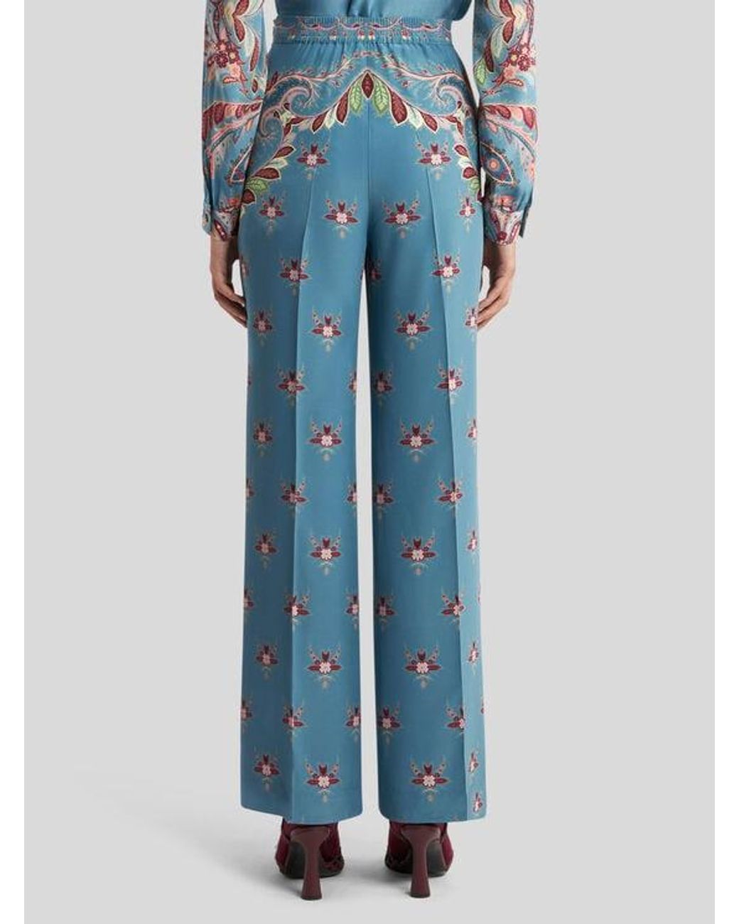 Etro Blue Silk Trousers With Placed Print