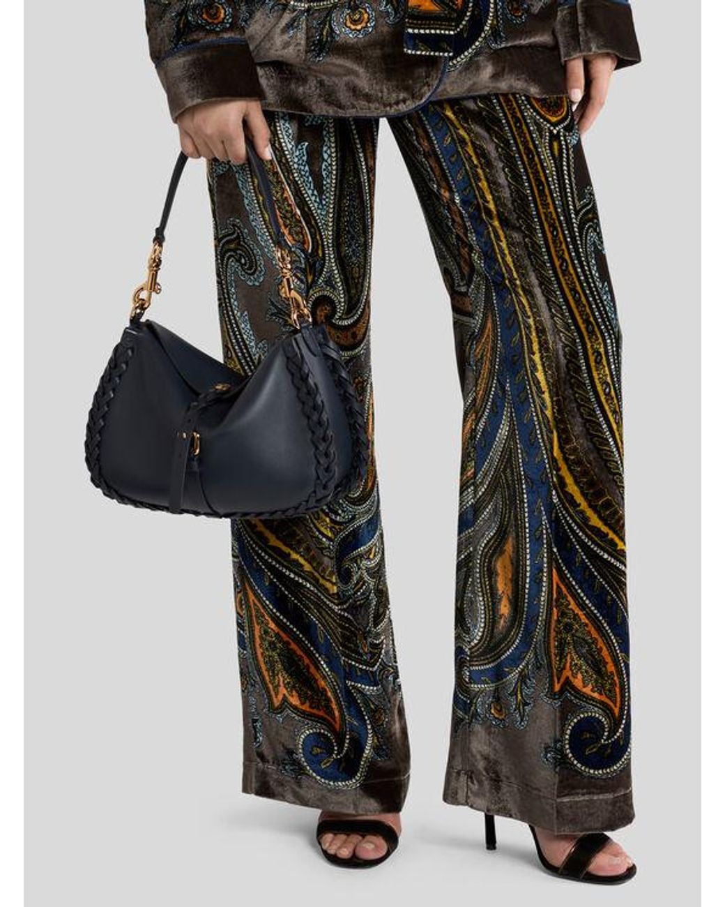 Etro Blue Medium Nappa Leather Pony Bag With Threading