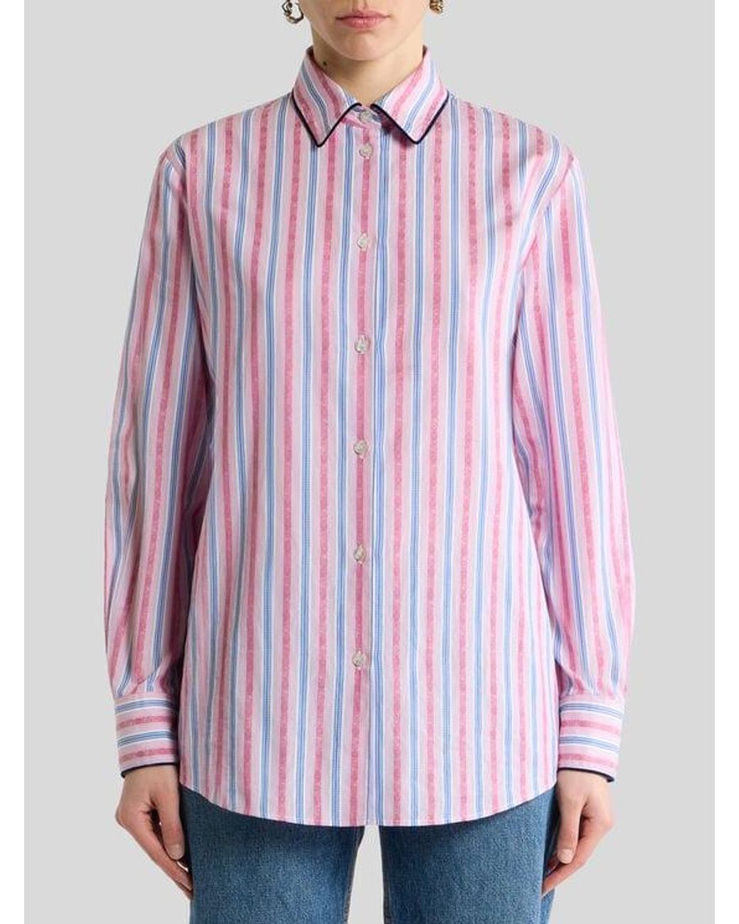 Etro Pink Cotton Jacquard Shirt With Trim And Fil Coupé Stripe Motif