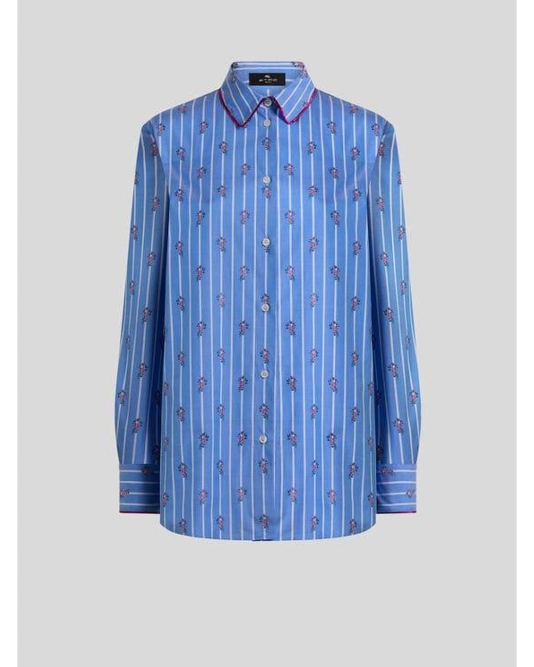 Etro Blue Cotton Jacquard Shirt With Trim And Fil Coupé Stripe And Flower Motif