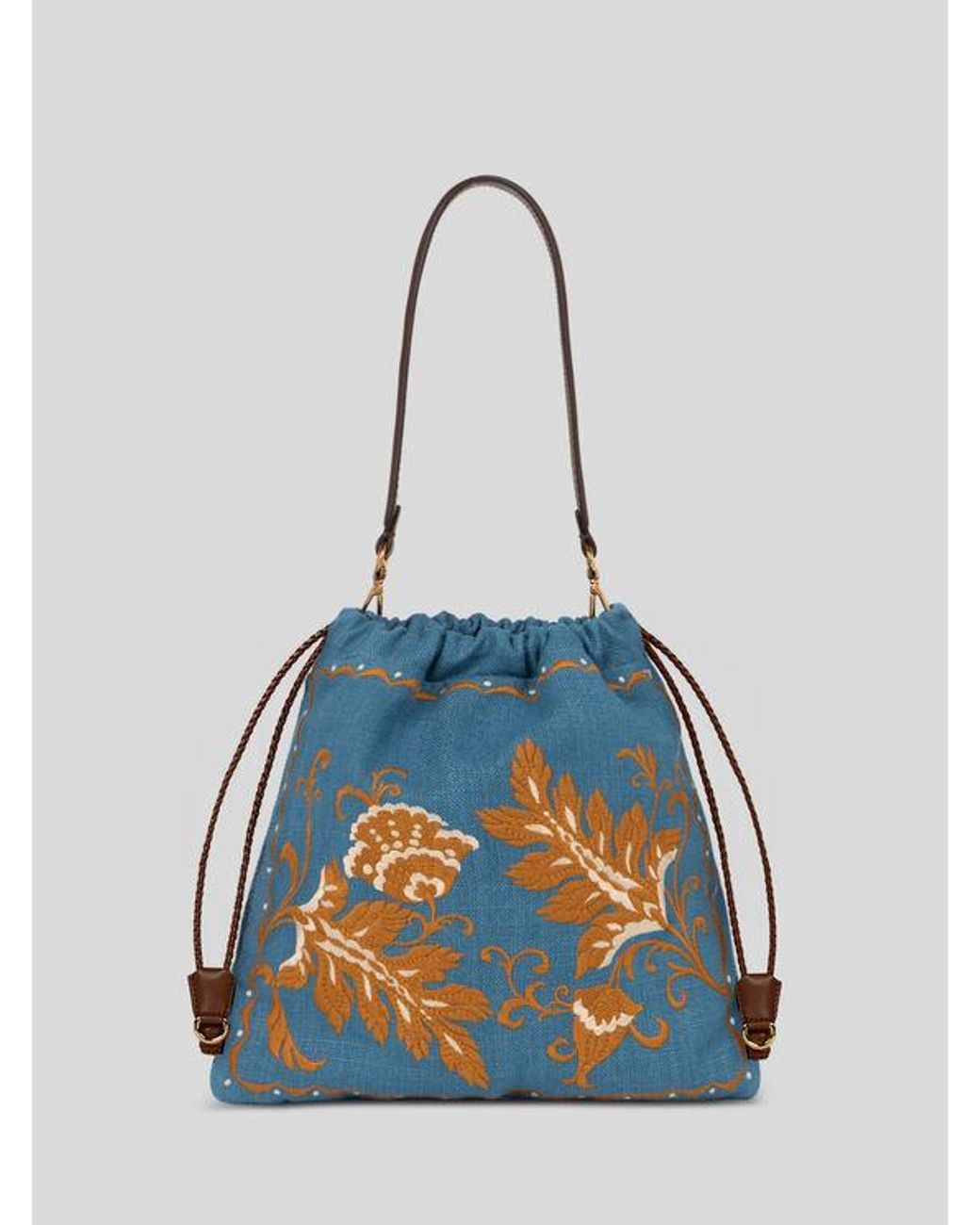 Etro Blue Medium Linen-Blend Kalispera Bag With Embroidery