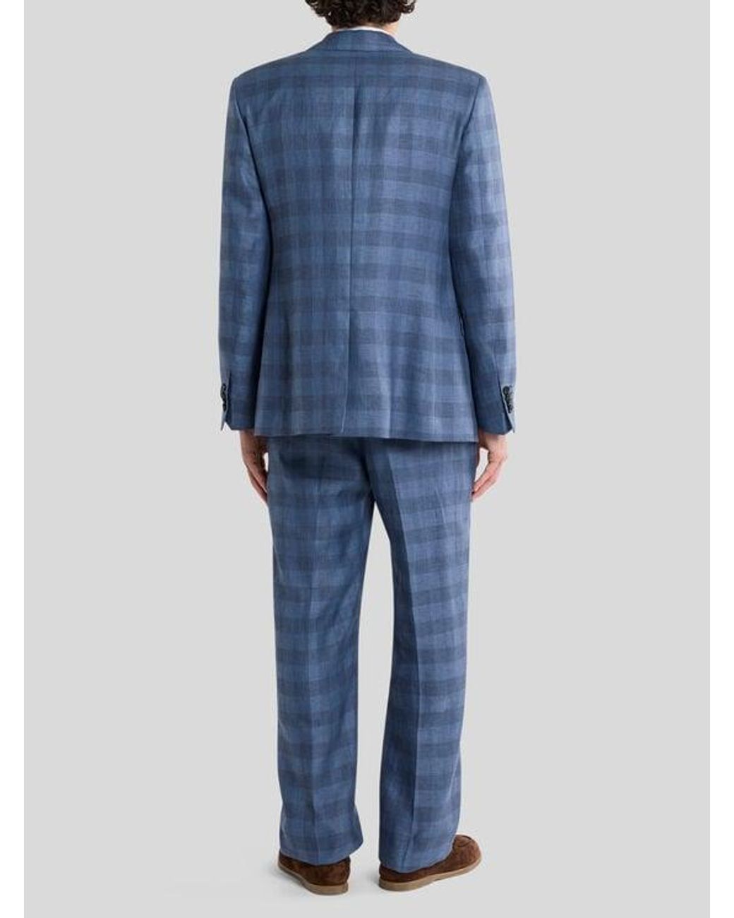 Etro Blue Single-Breasted Linen-Blend Jacquard Jacket With Check Motif for men