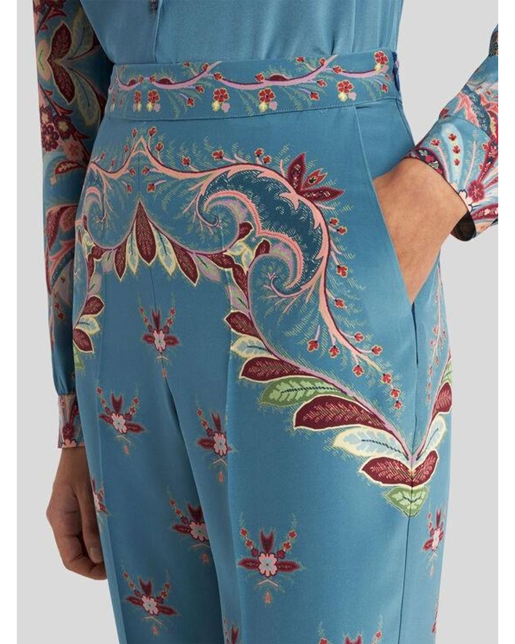 Etro Blue Silk Trousers With Placed Print