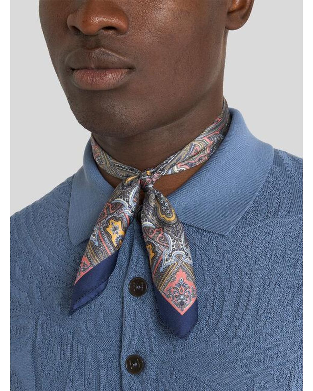 Etro Blue Silk Pocket Square With Geometric Paisley Motif for men