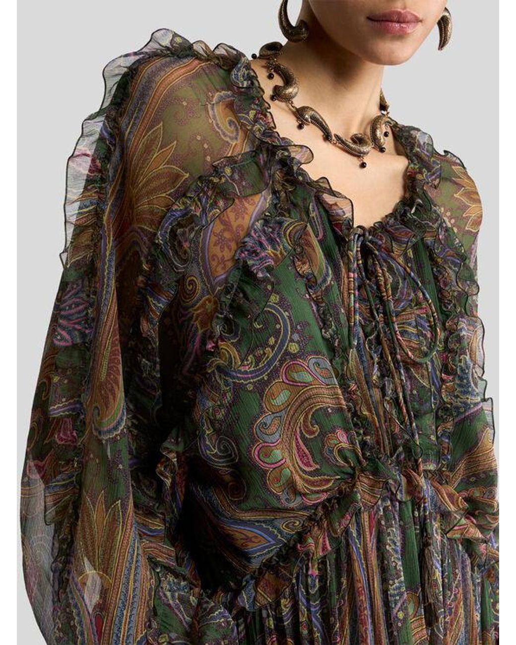 Etro Green Long Silk Dress With Ruffles And Placed Degradé Paisley Print