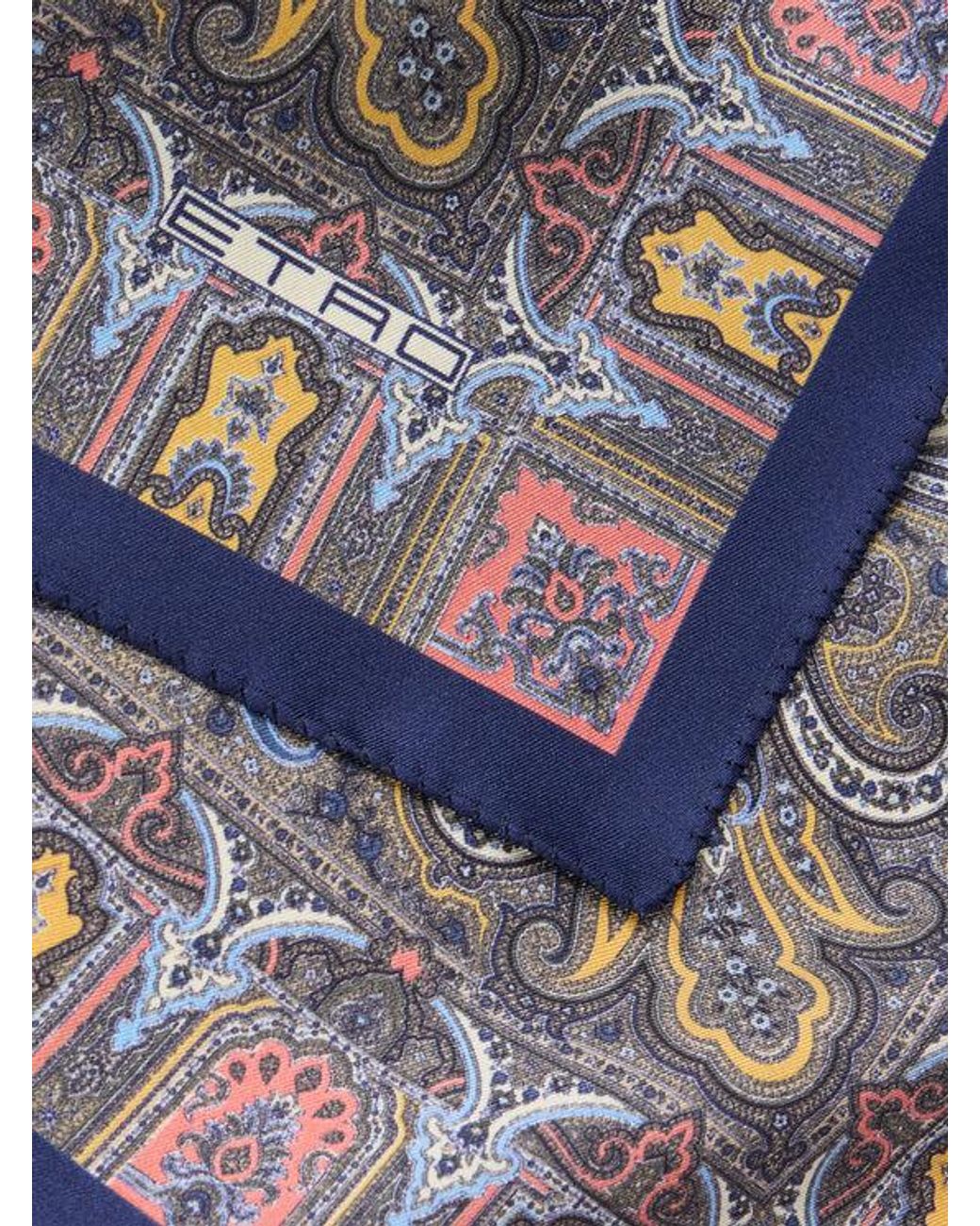 Etro Blue Silk Pocket Square With Geometric Paisley Motif for men