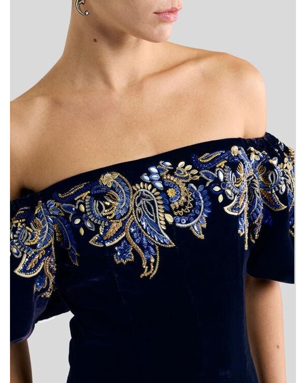 Etro Black Long Velvet Dress With Paisley Foliage Embroidery
