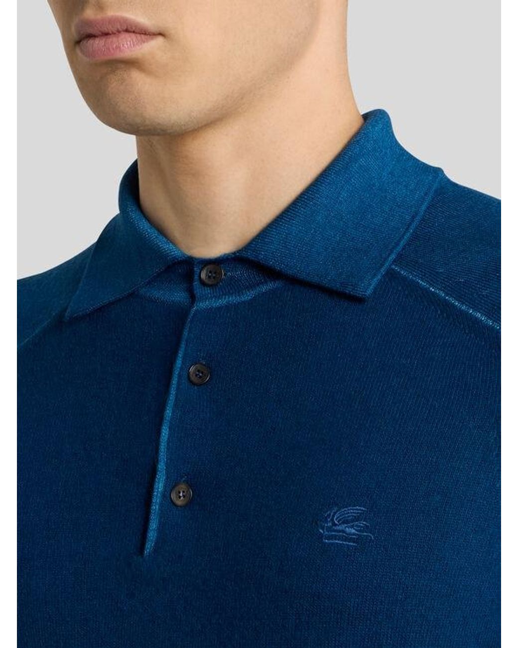 Etro Blue Wool Polo With Pegaso Logo for men