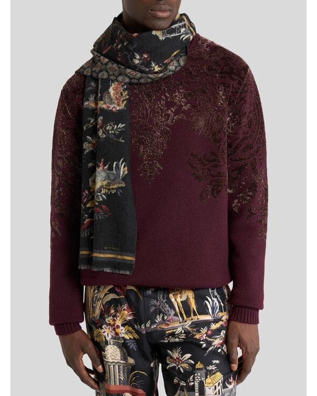 Etro Black Brushed Wool Scarf With Two Prints for men