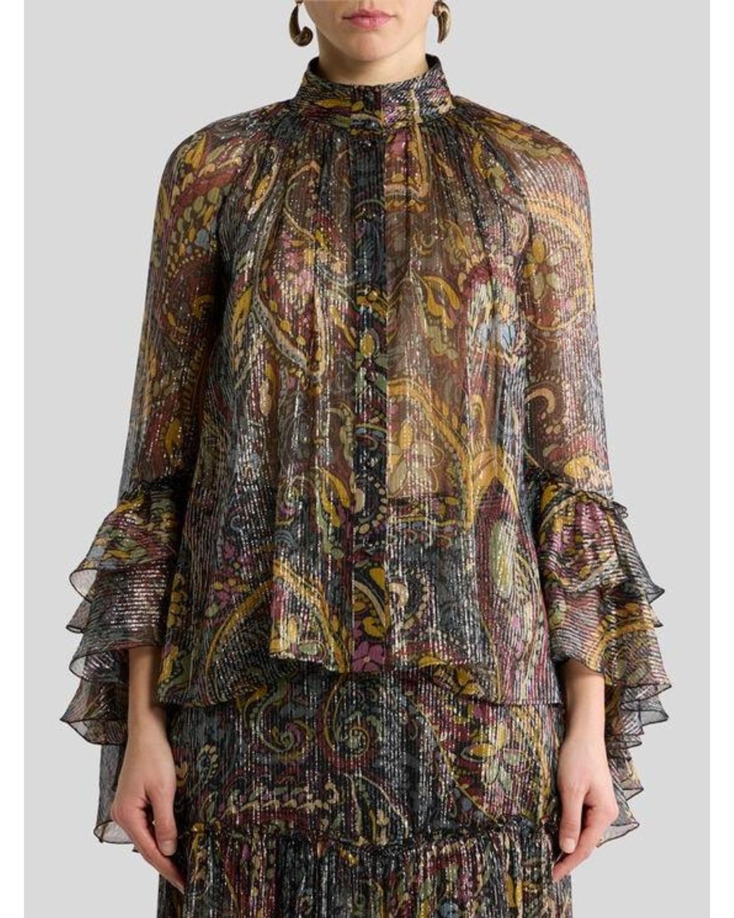 Etro Brown Silk Shirt With Ruffles And Striped Floral Paisley Motif