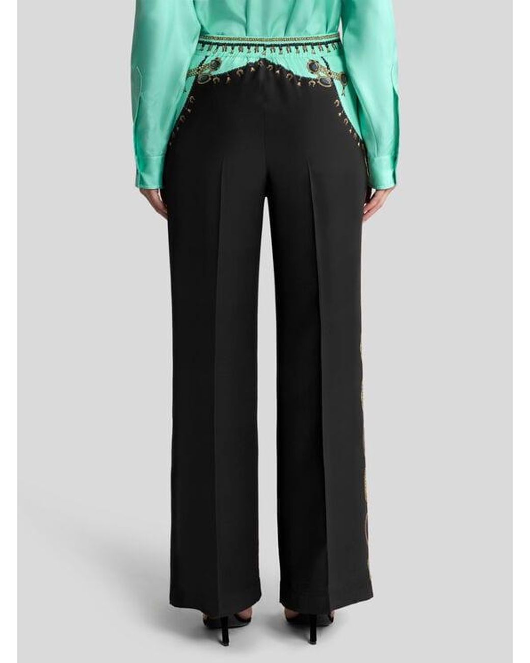 Etro Black Straight-Leg Silk Trousers With Placed Jewellery Print