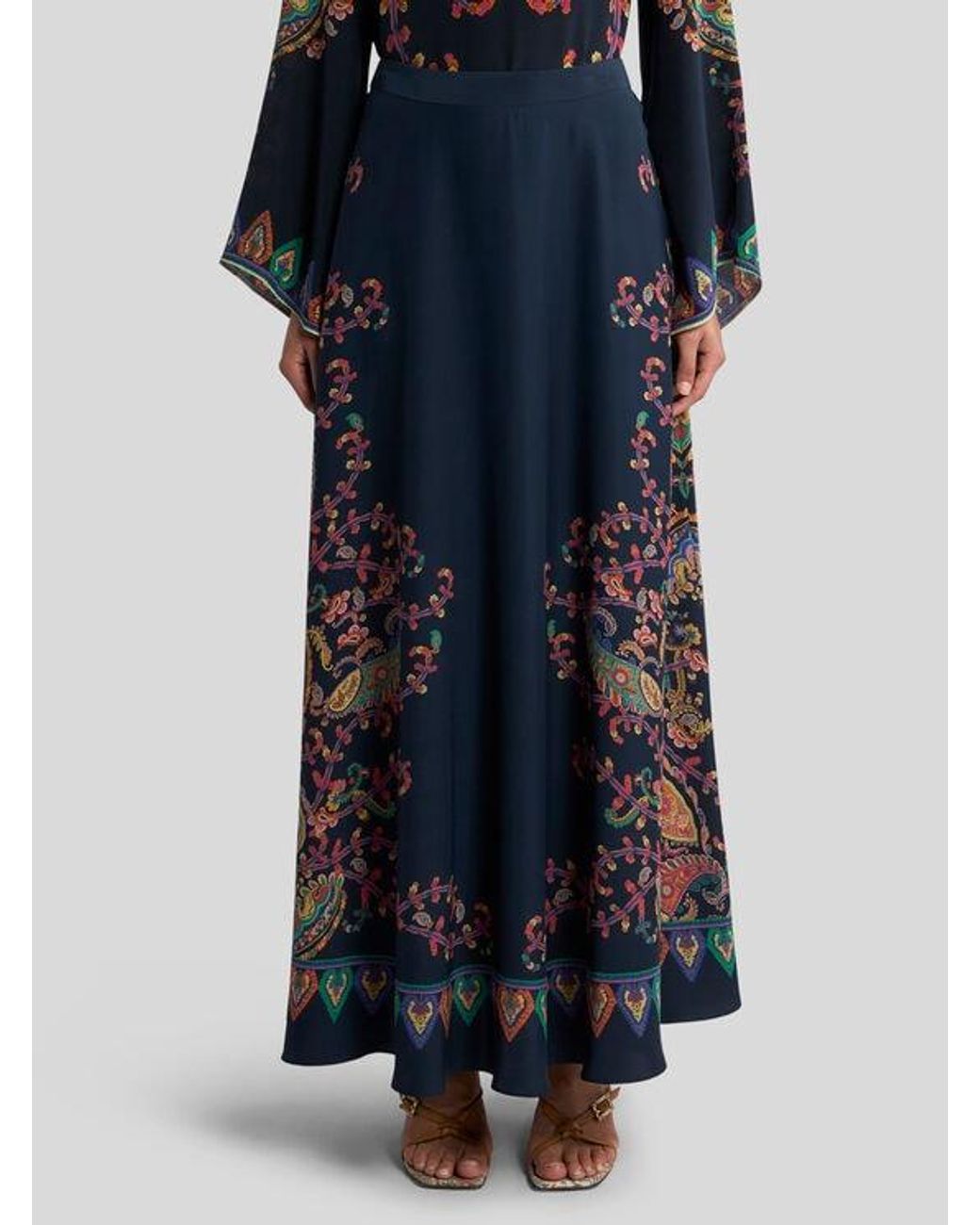 Etro Blue Silk Maxi Skirt With Placed Floral Paisley Print