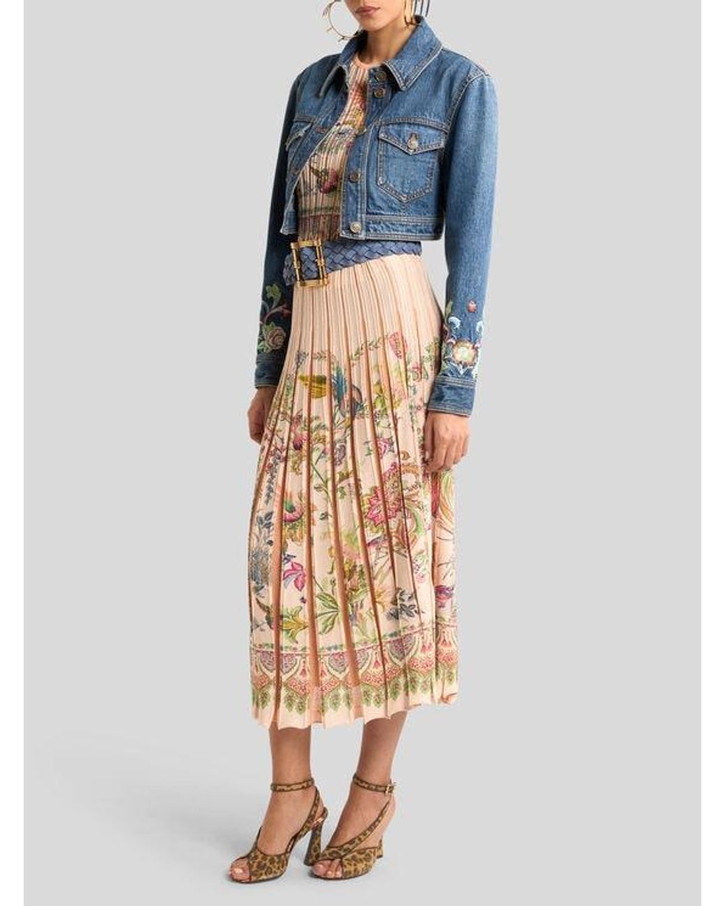 Etro White Pleated Cotton-Blend Midi Skirt With Placed Flora And Fauna Print