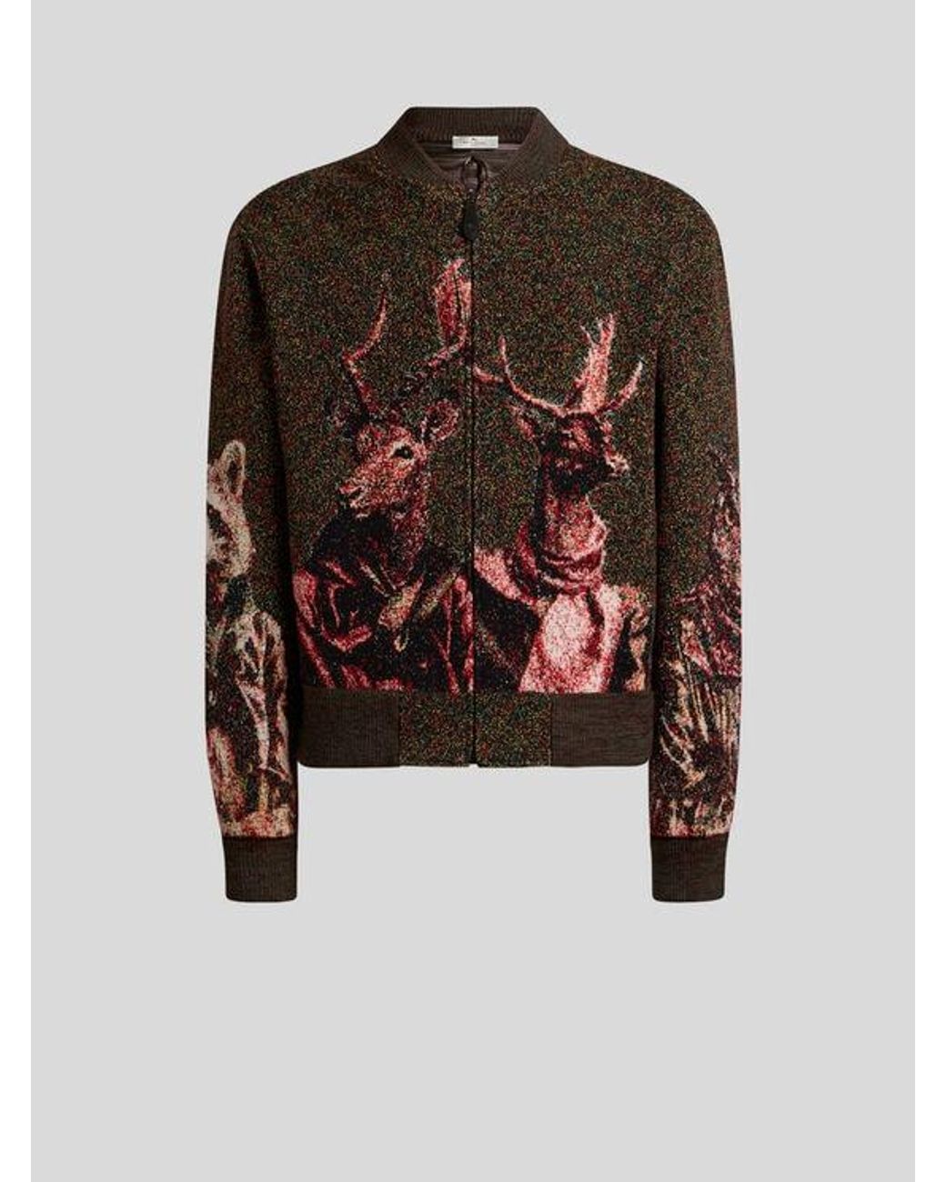 Etro Black Zipped Jacquard Piqué Cardigan With Animal Motif for men