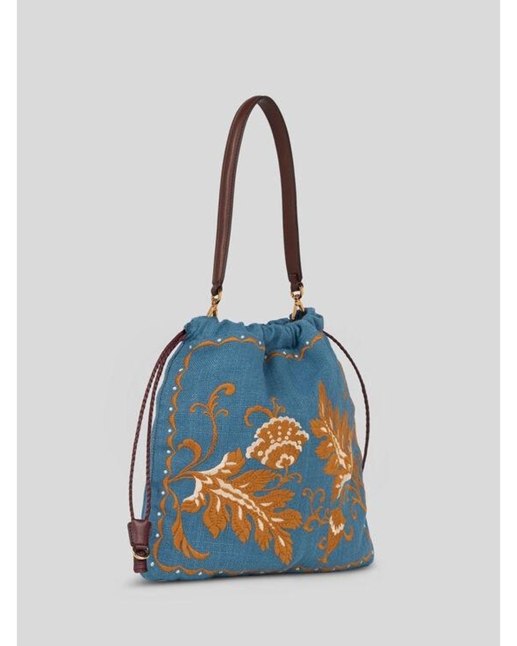 Etro Blue Medium Linen-Blend Kalispera Bag With Embroidery