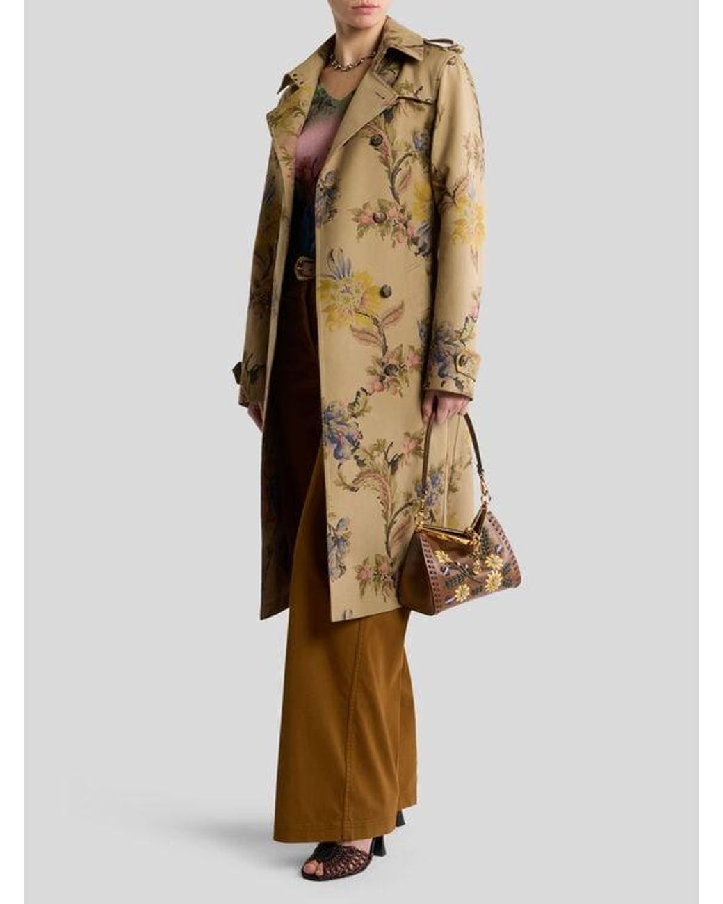 Etro Metallic Cotton Gabardine Trench Coat With Floral Motif