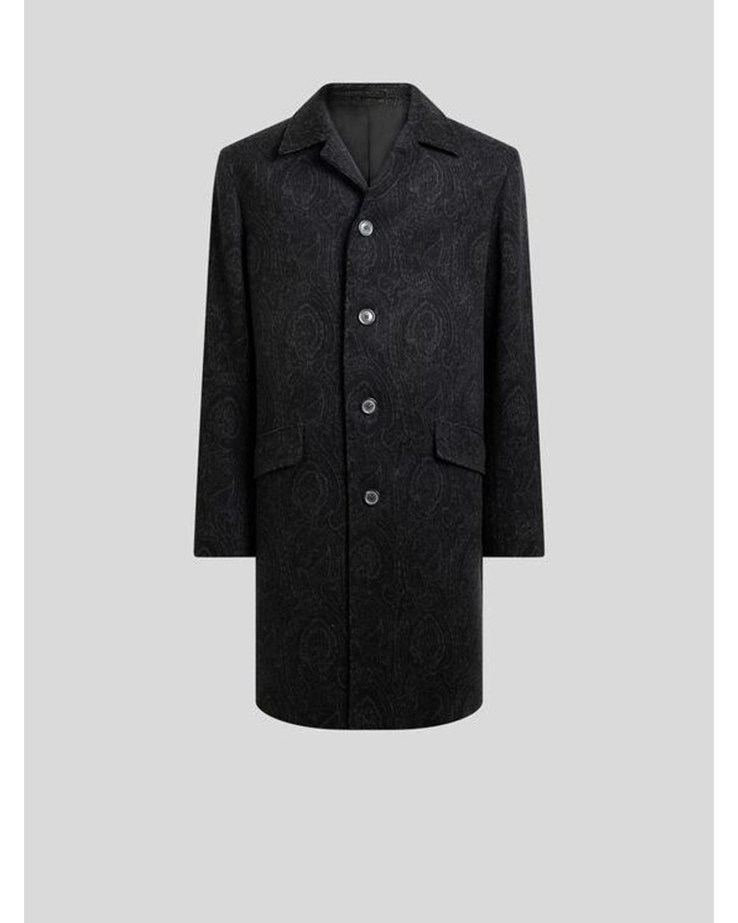 Etro Black Wool And Cashmere Jacquard Coat With Arnica Motif for men
