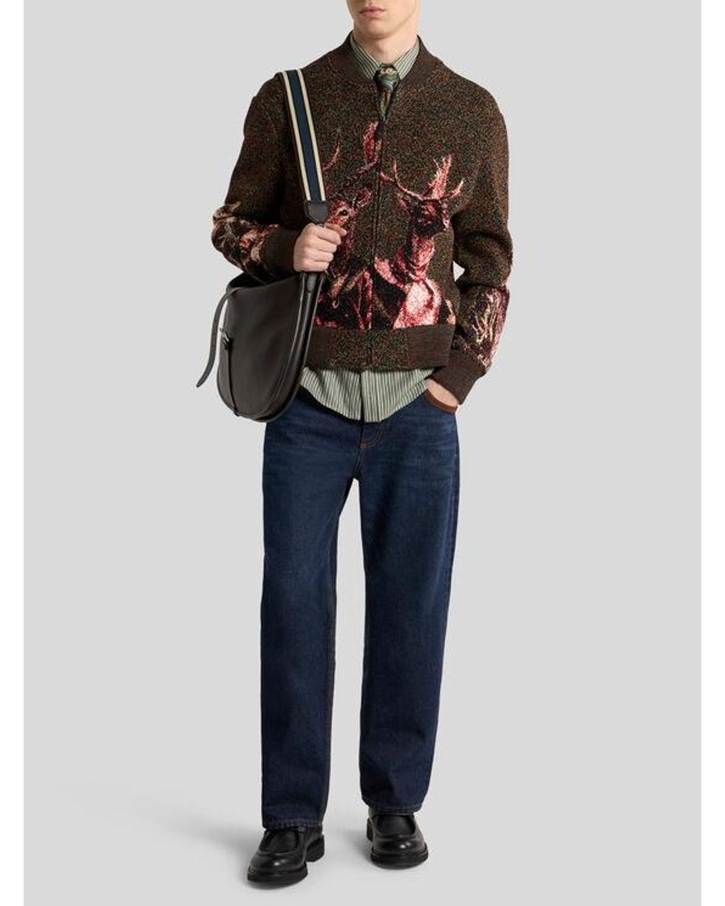 Etro Black Zipped Jacquard Piqué Cardigan With Animal Motif for men