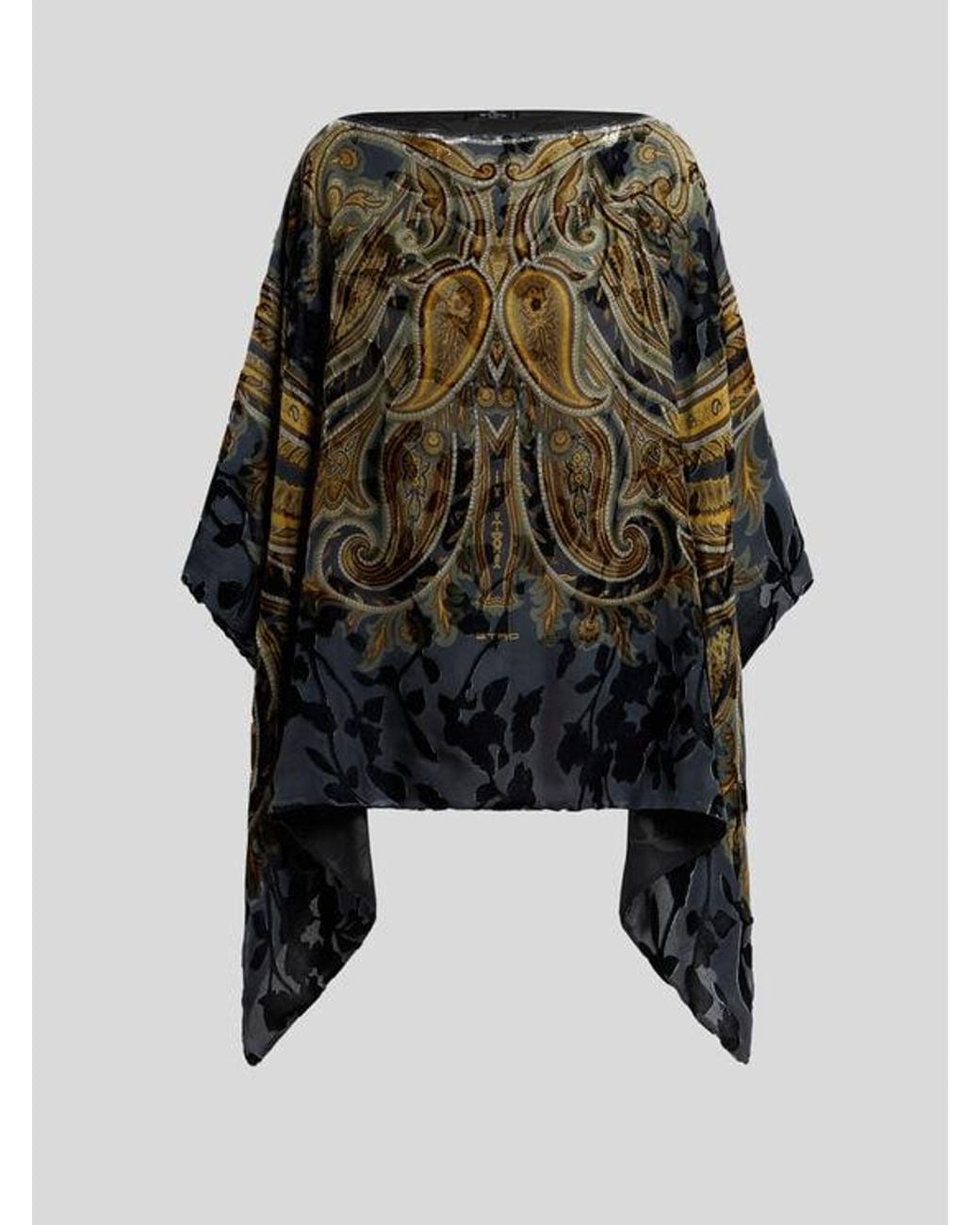 Etro Black Burnout Velvet Poncho Top With Placed Paisley Print