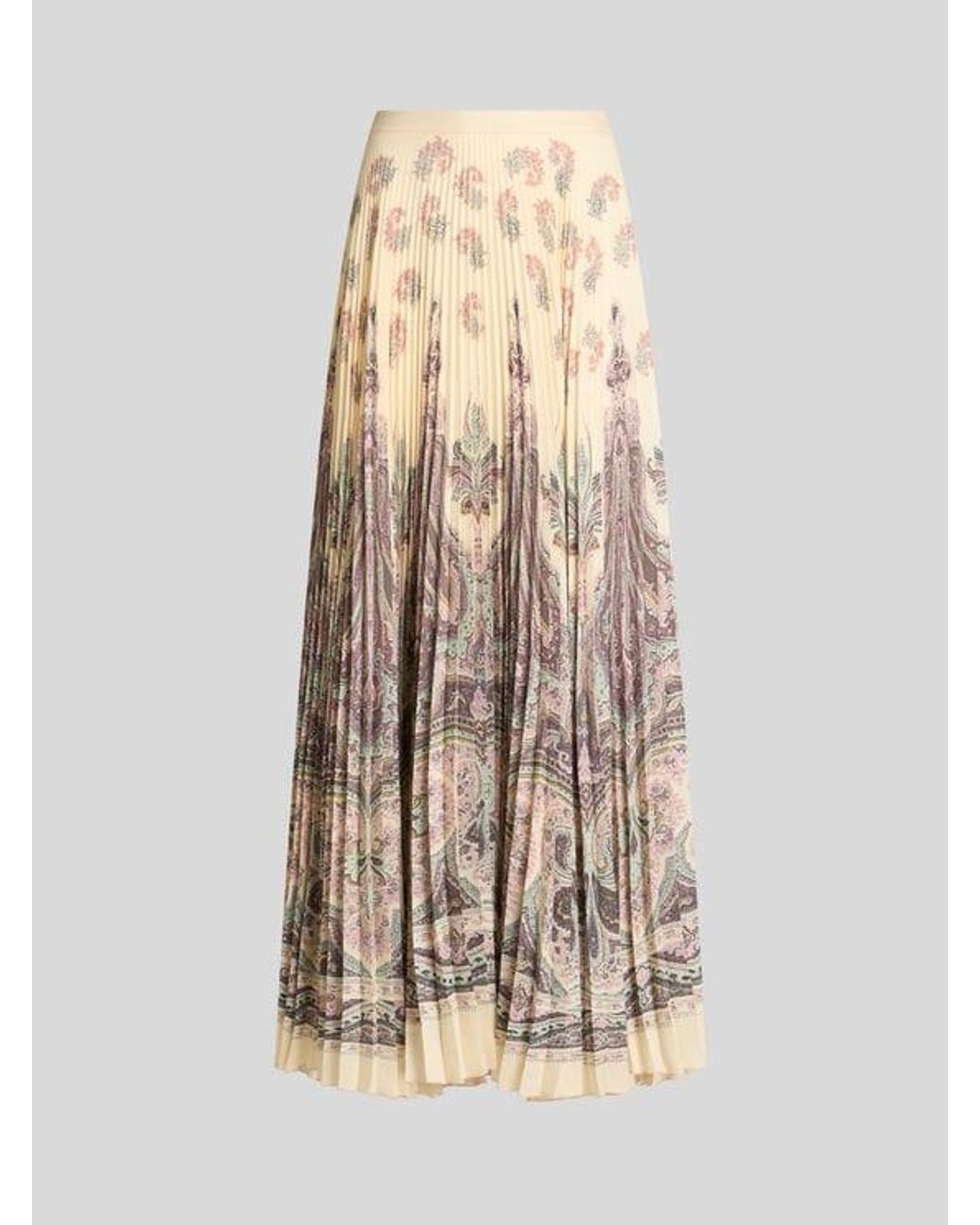 Etro Natural Pleated Maxi Skirt With Placed Print