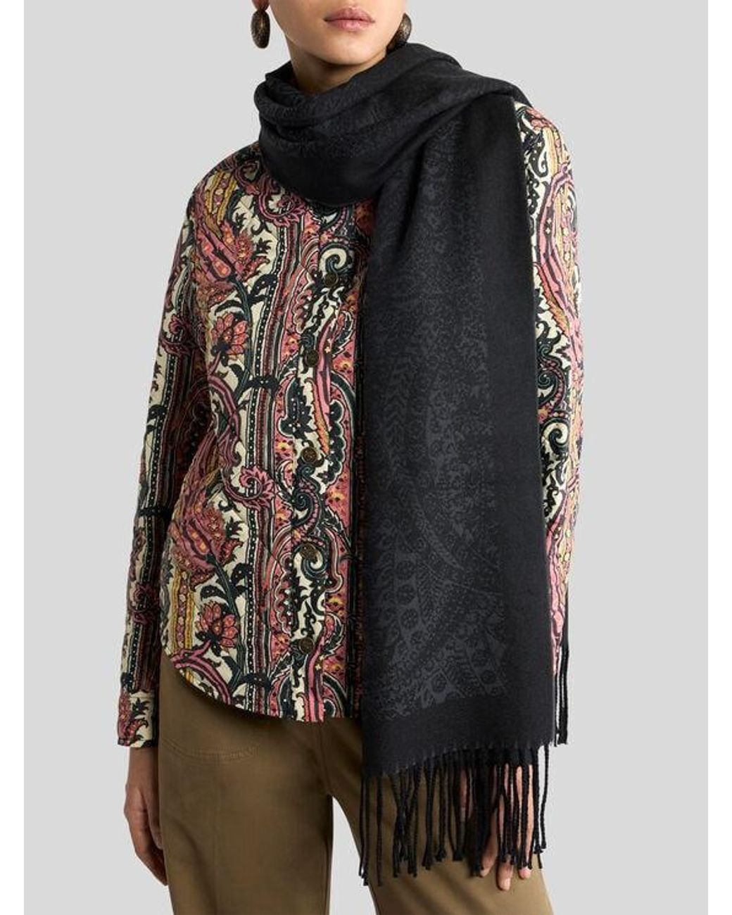 Etro Black Wool Jacquard Scarf With Floral Paisley Motif