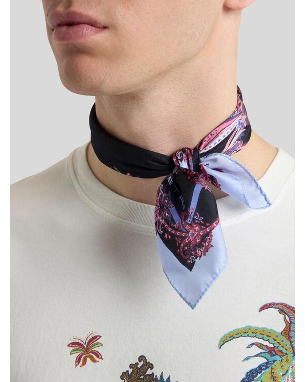 Etro Blue Silk Pocket Square With Parrot And Paisley Print for men