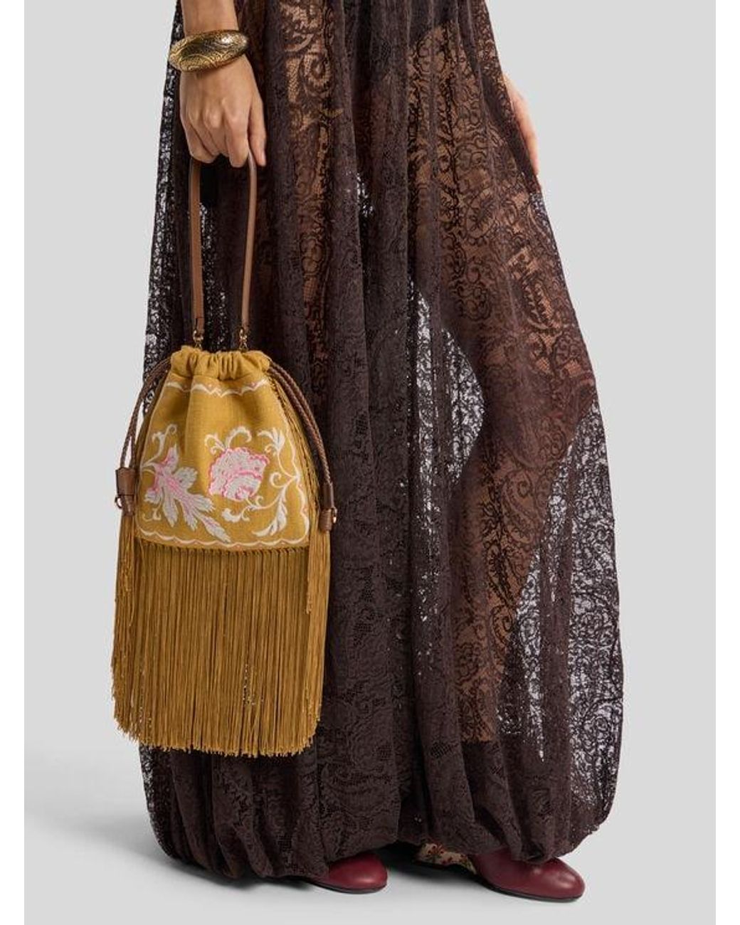 Etro Metallic Small Linen-Blend Kalispera Bag With Embroidery And Fringes