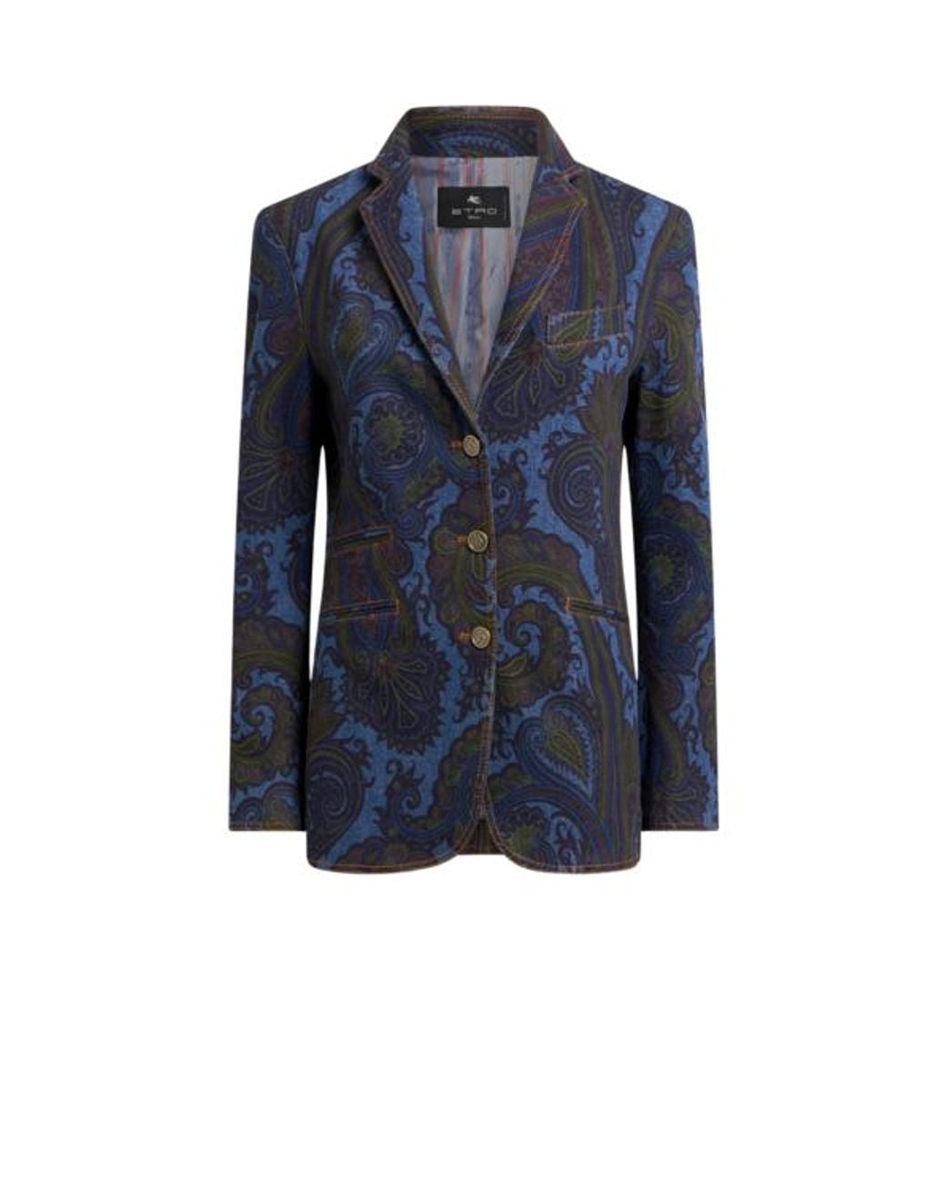 Etro Blue Single-Breasted Stretch Cotton Denim Jacket With Paisley Motif
