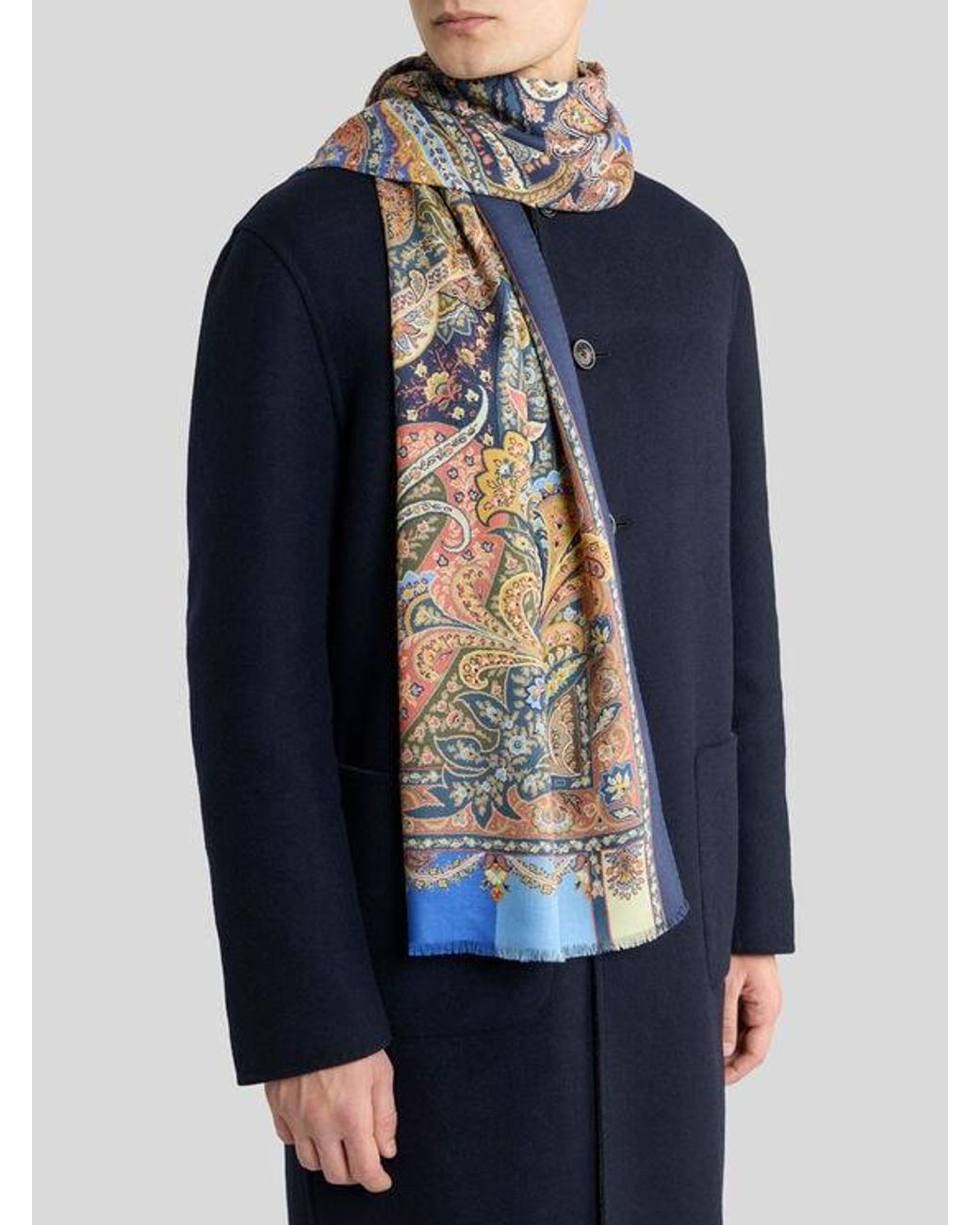 Etro Blue Cashmere And Silk Scarf With Paisley Print for men