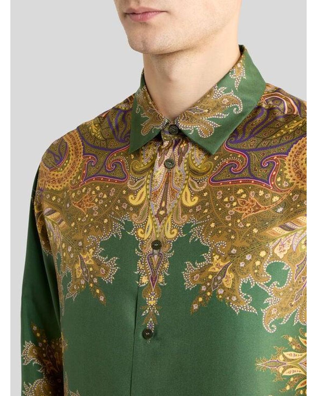 Etro Green Silk Twill Shirt With Placed Paisley Pochette Print for men
