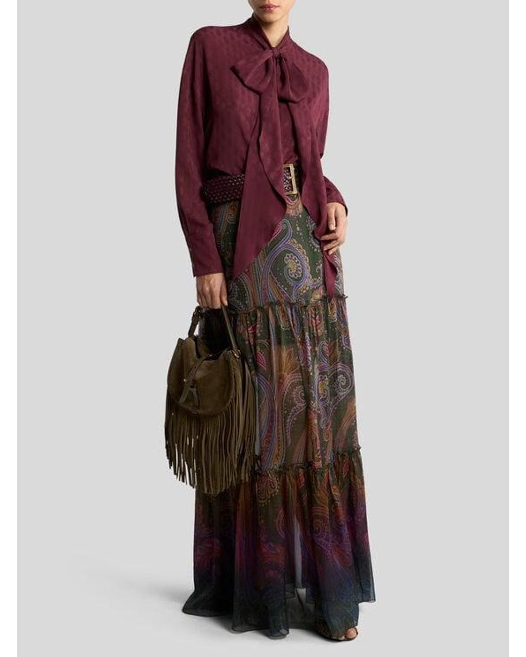 Etro Brown Silk Maxi Skirt With Placed Paisley Print