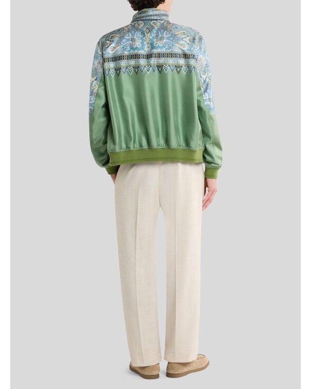 Etro Green Silk Bomber Jacket With Placed Pocket-Square Paisley Print for men