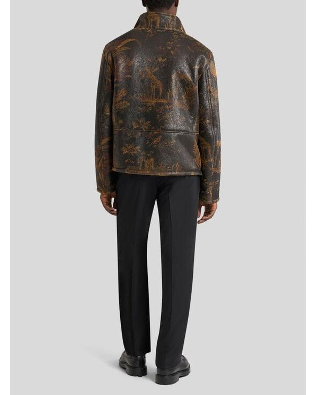 Etro Brown Leather Bomber Jacket With Shearling And Animal And Floral Print for men