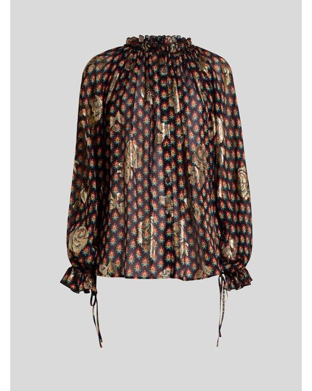 Etro Brown Silk Shirt With Fil Coupé Roses And Tie-Inspired Motif